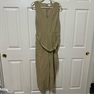 J Crew Linen/Cotton Wide Leg Tan Belted Jumpsuit Size 10 Preppy Minimalist Chic